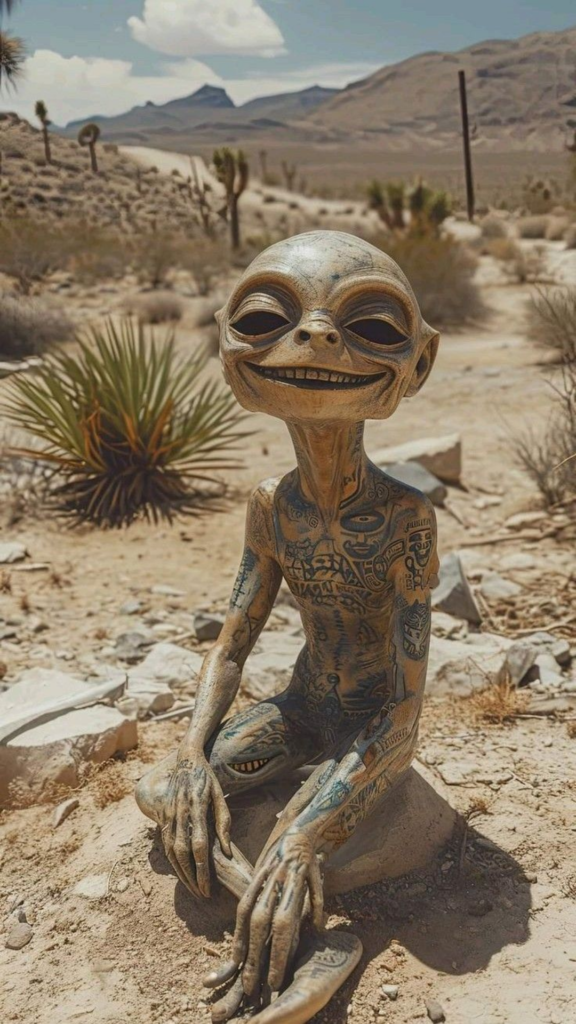 A statue of a tattooed alien sitting in a desert landscape