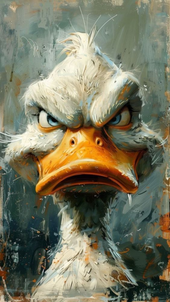 A stylized painting of a grumpy duck with expressive eyes and an orange beak