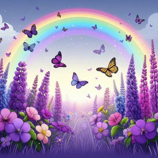 A vibrant illustration of purple flowers, lavender, a colorful rainbow, and butterflies in the sky