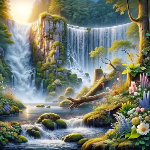 A vibrant painting of a waterfall with sun rays piercing through trees, surrounded by lush greenery and colorful flowers