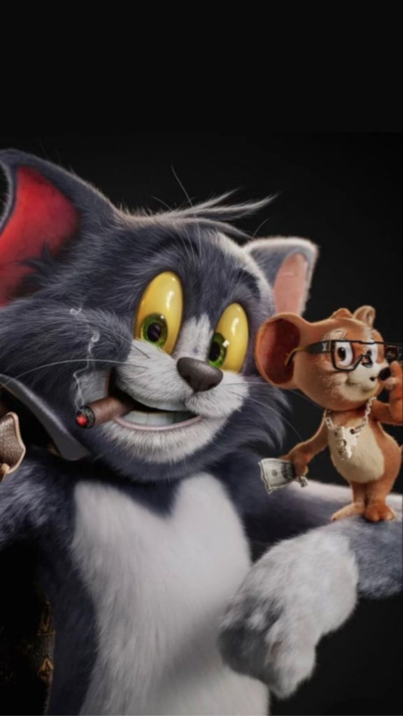 An animated cat with a cigar and a small mouse with spectacles and a camera