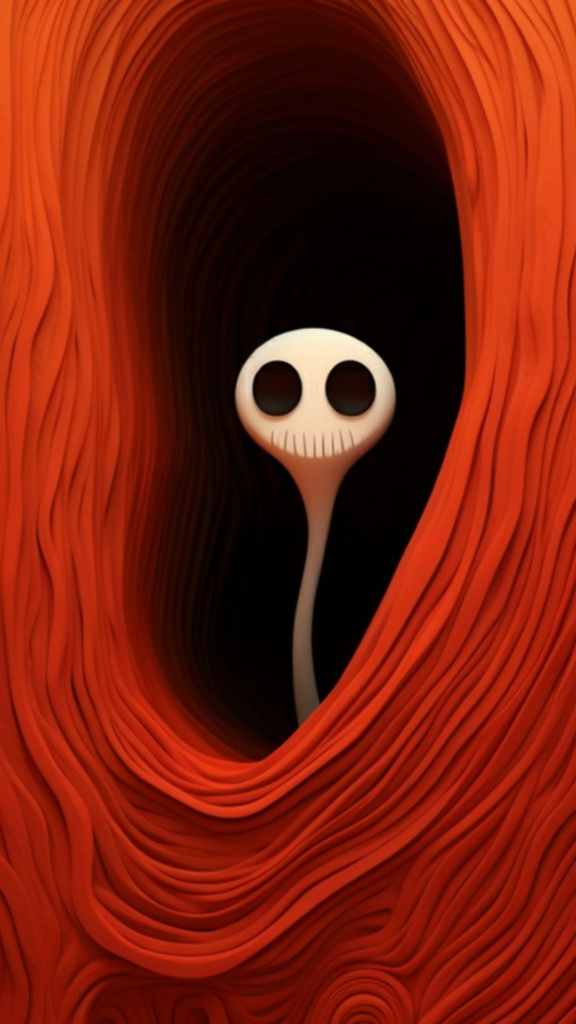 An animated character peeking from a dark tunnel surrounded by swirly red patterns