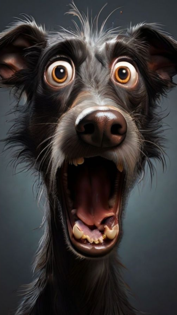 An animated, wide-eyed dog with a surprised expression and mouth open