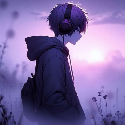 An anime character with headphones stands contemplative against a twilight sky