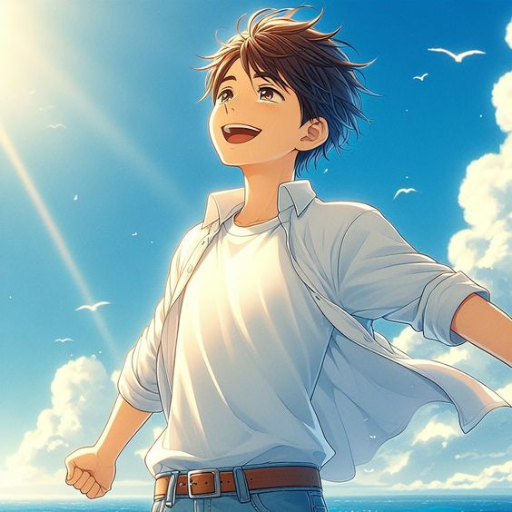 An anime-style character in a white shirt with arms outstretched, standing under a sunny sky