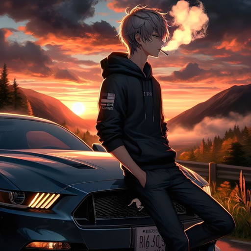 An anime-style character leaning on a muscle car at sunset with mountains in the background