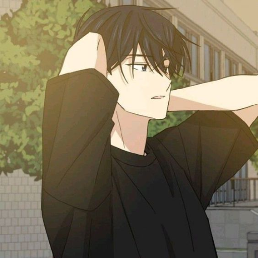 An anime-style illustration of a person with black hair wearing a black shirt, standing outside, running a hand through their hair