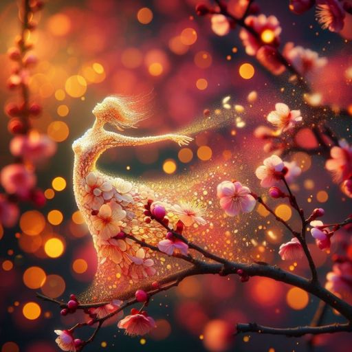 An illustrated nymph made of flowers and light, intertwining with blossoming branches against a bokeh background