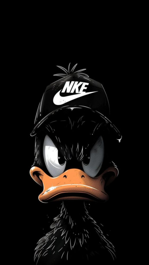 An illustration of a cartoon duck wearing a Nike-branded cap against a black background