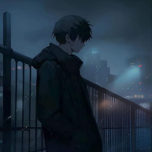 An illustration of a person in a jacket standing by a fence at night with city lights in the background