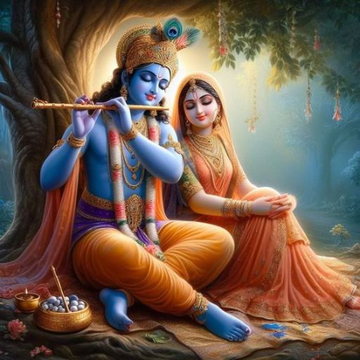 An illustration of two Hindu deities, one playing a flute, in a serene forest setting