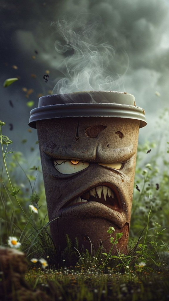 Animated angry coffee cup with steam rising, set against a stormy sky in a grassy field