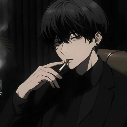 Animated character in a black suit sitting with hand by face