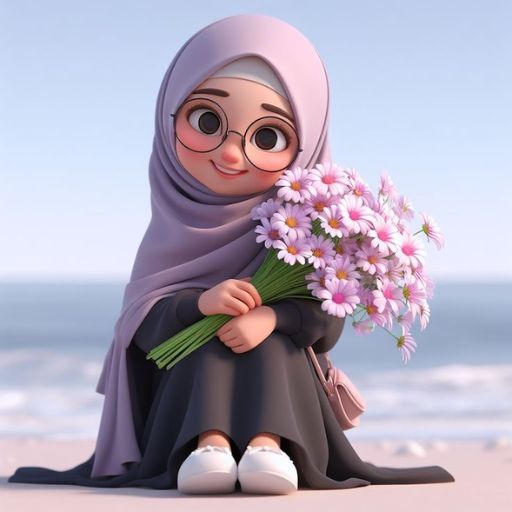 Animated character in hijab holding a bouquet of flowers on the beach