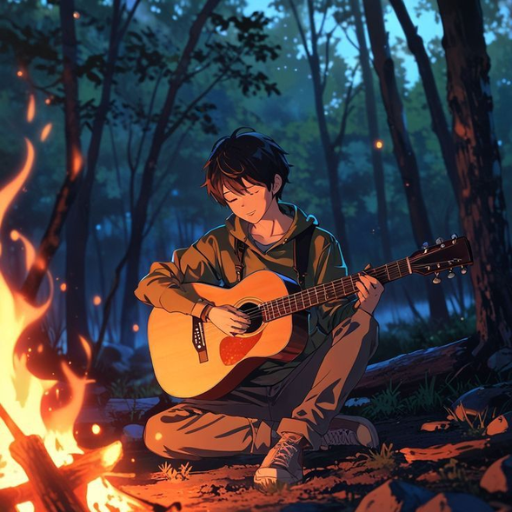 Animated character playing guitar by a campfire in the woods at dusk