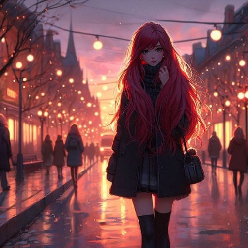 Animated character with long red hair in a city with lit street lamps at dusk