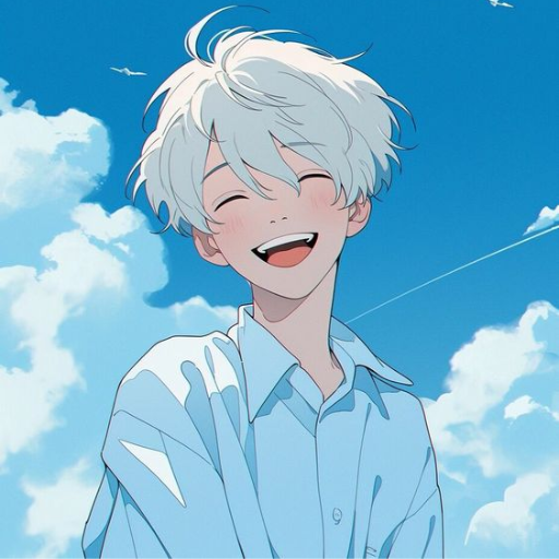 Animated character with white hair laughing under a blue sky with light clouds