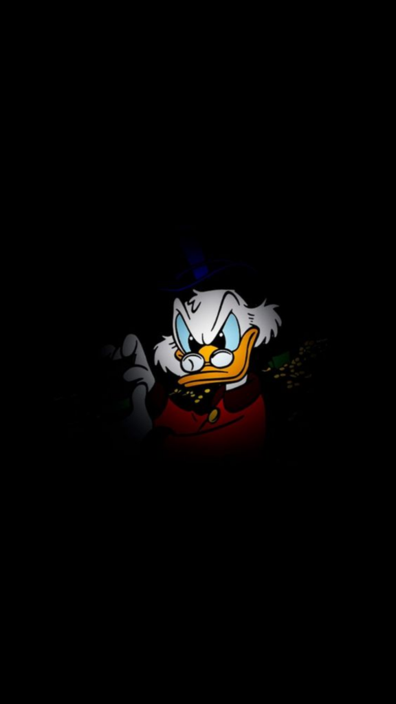 Animated duck character with top hat and glasses highlighted against a dark background