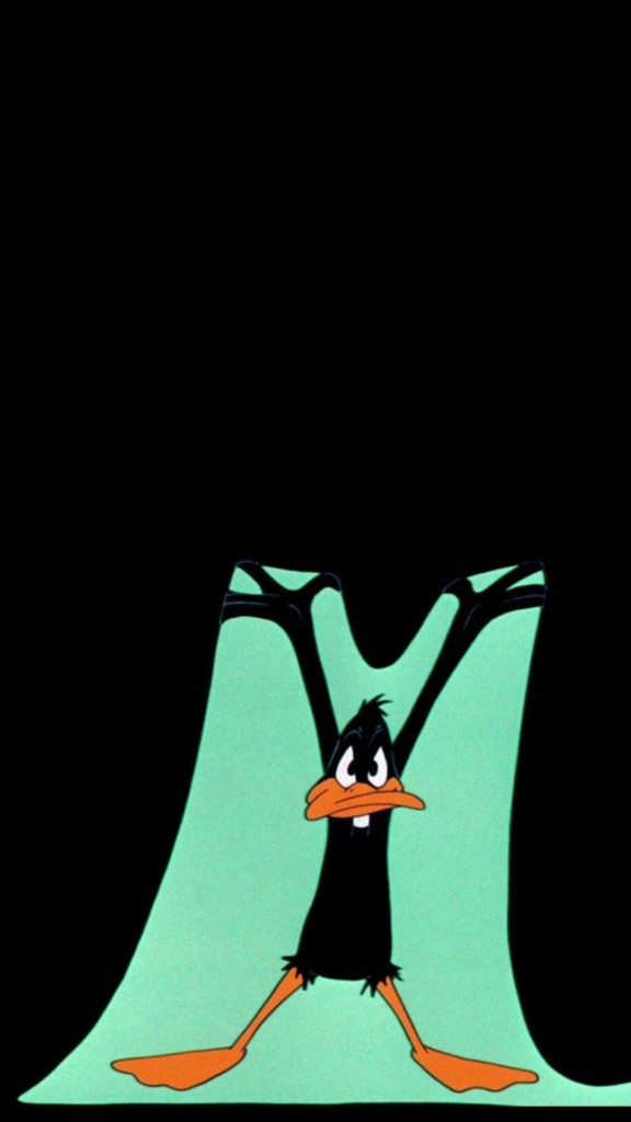 Animated duck with an irritated expression against a teal background with black above