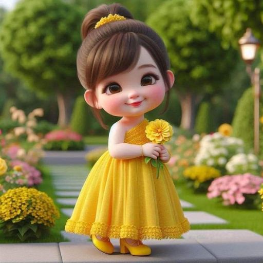 Animated girl in a yellow dress holding a flower, standing on a garden path with flowers and shrubs around