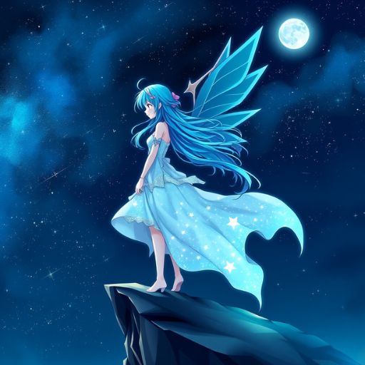 Animated girl with blue wings standing on cliff under a starry night sky with a full moon