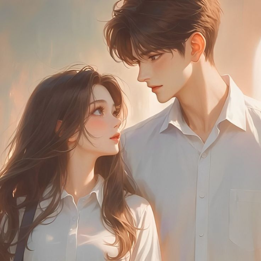 Animated man and woman in white shirts standing close together