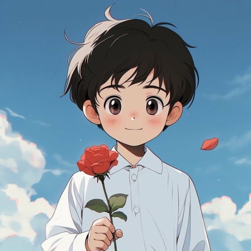 Anime-style boy in a white shirt holding a red rose against a sky backdrop