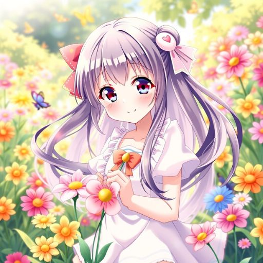 Anime-style girl in a white dress with long hair, holding flowers in a colorful garden