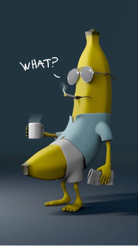 Anthropomorphic banana with sunglasses, coffee, and newspaper, expressing confusion with a _WHAT__ speech bubble