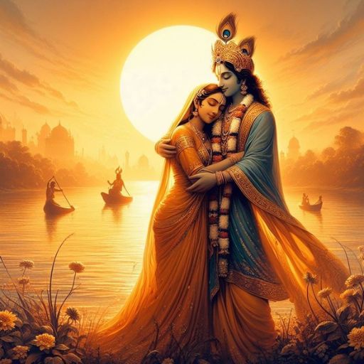 Artistic depiction of two mythological figures in ornate clothing with a backdrop of a golden sunrise and silhouetted cityscape