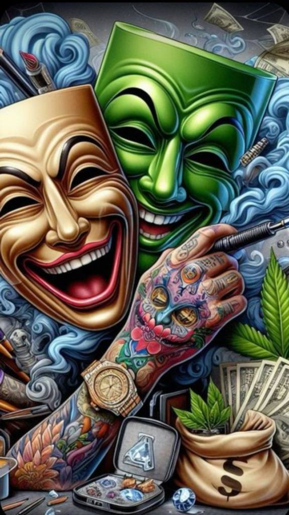 Artwork featuring tattooed arm, money, jewelry, and luxurious items