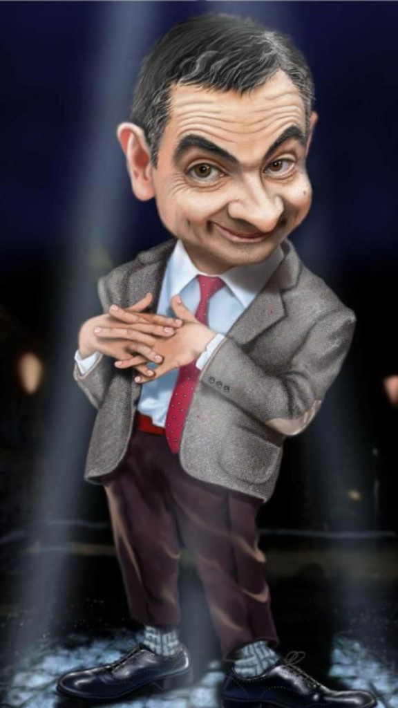 Caricature of a person in a suit with oversized hands folded across the body, standing on a reflective surface