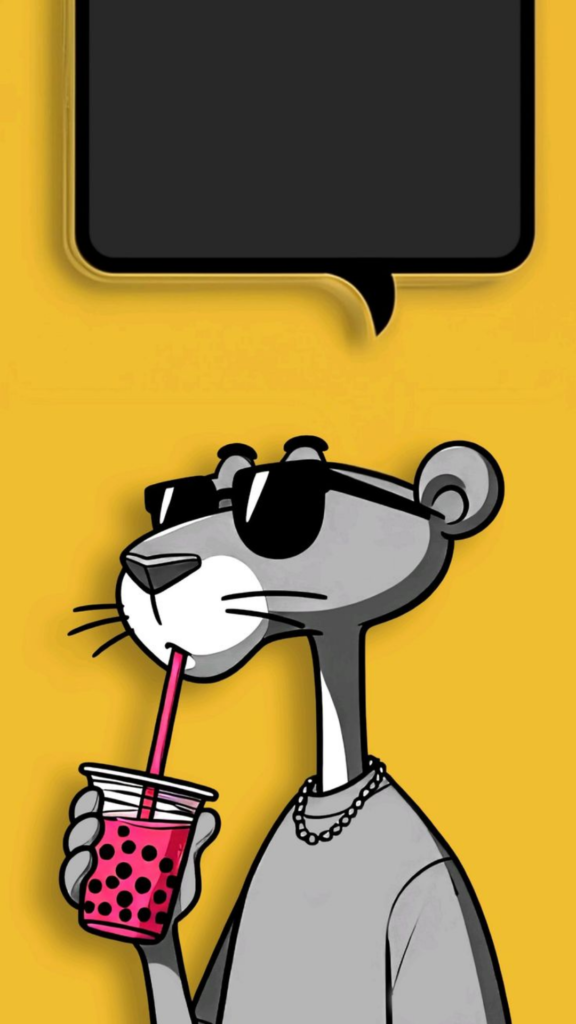 Cartoon rat with sunglasses sipping a pink drink against a yellow background with a speech bubble