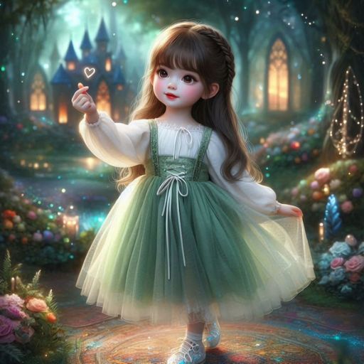 Child in a green dress standing in a magical forest with glowing lights and a castle in the background