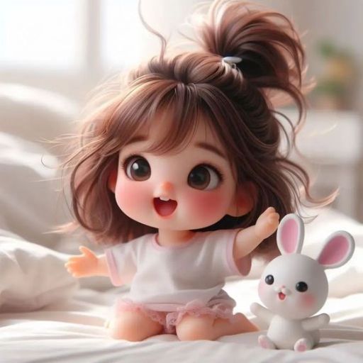 Child with ponytail sitting on bed next to a small toy rabbit