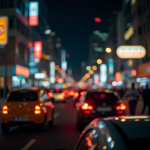 City street at night with blurred lights and traffic