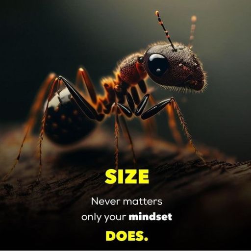 Close-up image of an ant with the motivational quote _SIZE never matters only your mindset DOES._ against a dark background