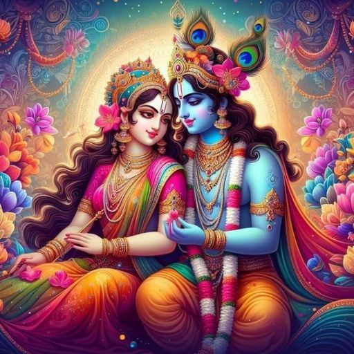 Colorful illustration of two mythological figures in elaborate outfits seated intimately amidst floral background