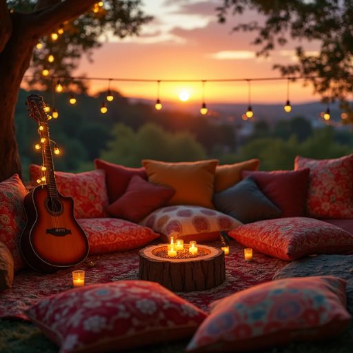 Cozy outdoor evening setting with a guitar, pillows, and candles under string lights at sunset