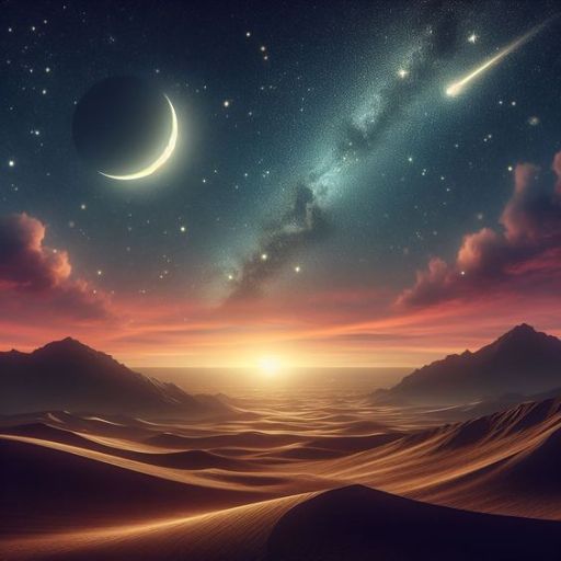 Desert landscape at sunset with crescent moon, stars, galaxy, and a shooting star in the sky