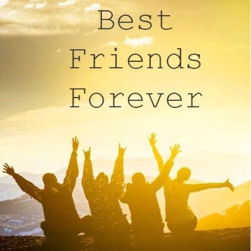 Four silhouetted people sitting with raised arms against a sunset, with text _Best Friends Forever