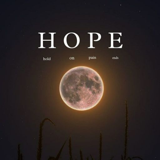 Full moon with the word _HOPE_ above and its acronym _hold on pain ends_ arranged vertically, against a night sky