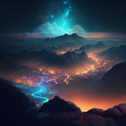 Futuristic cityscape at night with glowing river, mountains, and a vivid nebula above