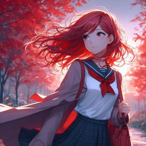 Girl with flowing red hair in a school uniform walking under autumn trees