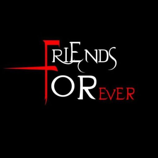 Graphic with _Friends Forever_ text in stylized white font on black background, the _F_ in red