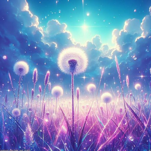 Illuminated dandelions on a mystical, starry background with clouds and a bright light above