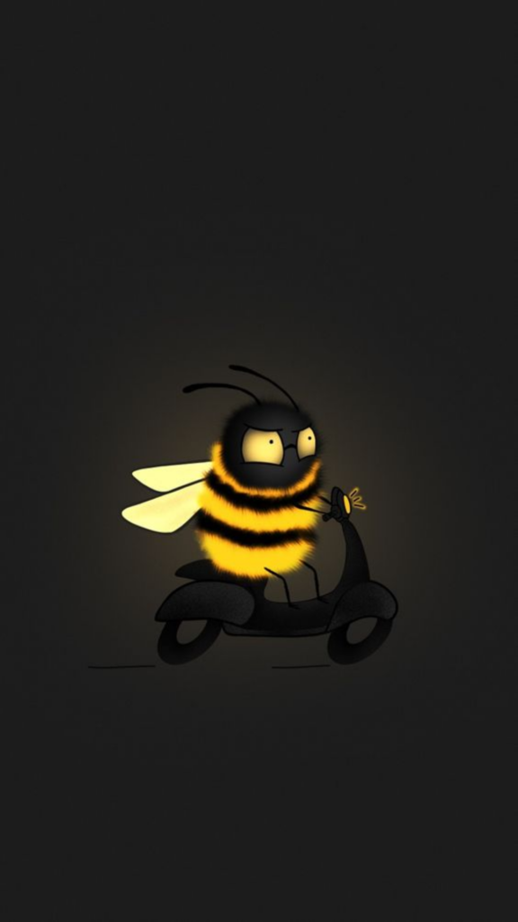 Illustration of a cartoon bee with a puzzled expression riding a scooter