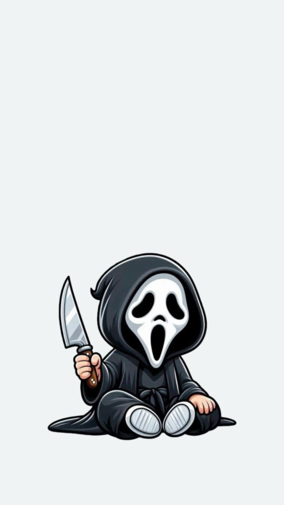 Illustration of a cartoon figure in a black cloak and ghostface mask holding a knife