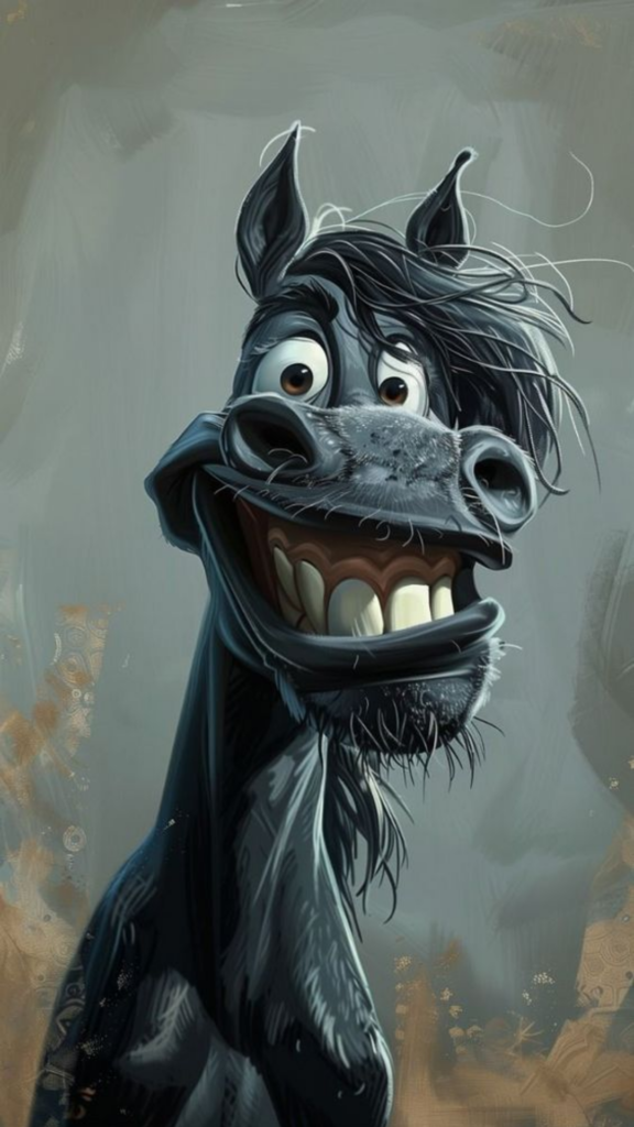 Illustration of a cheerful, cartoonish black horse with a big smile and prominent teeth