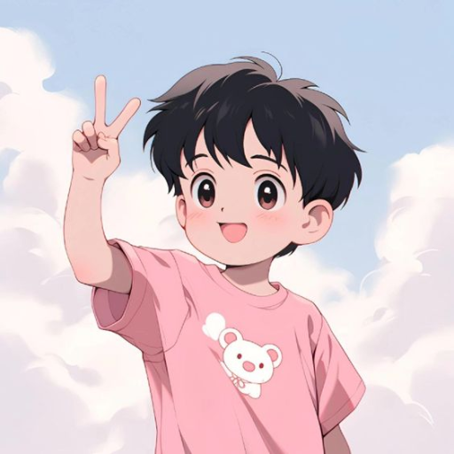 Illustration of a child in a pink shirt giving a peace sign under a cloudy sky